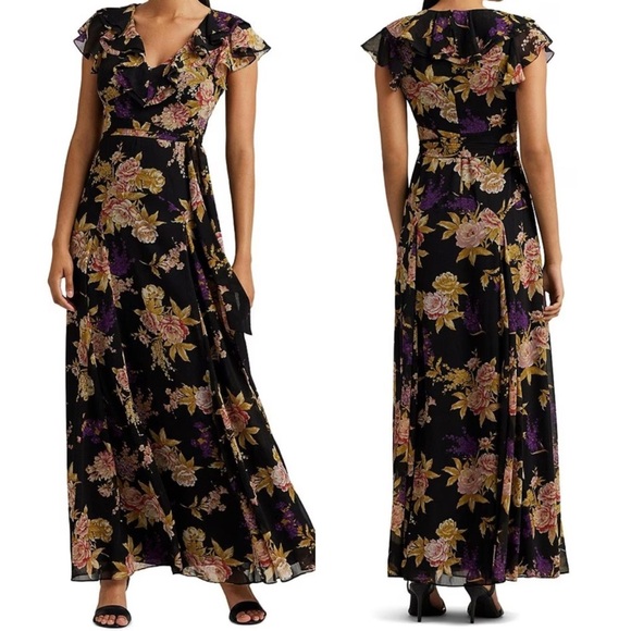 Lauren Ralph Lauren Floral Belted Crinkle Georgette Gown - Picture 1 of 14